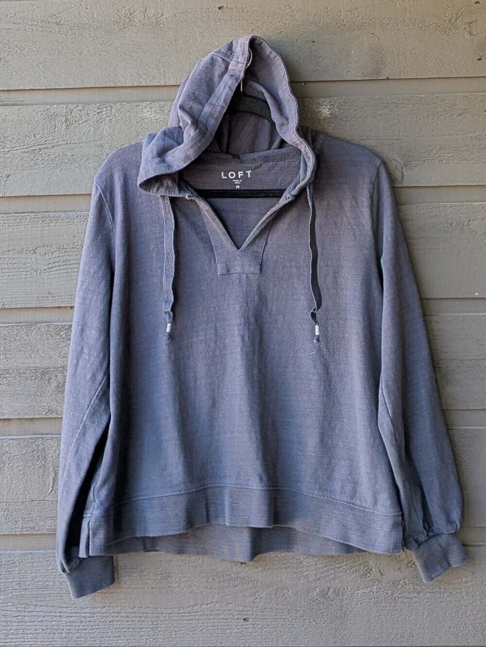 LOFT Slub Cotton Gray Hooded Pullover Sweatshirt Medium